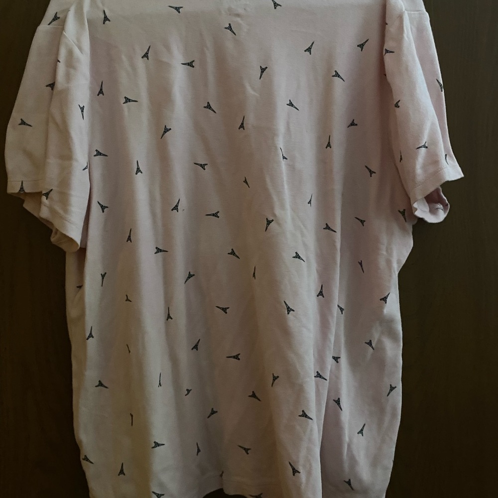 Pink shirt with little blue Eiffel towers on it. Croft and barrow from Kohl’s